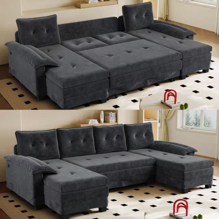 Canapé-lit en U 278 cm Convertible Modulaire avec Lit Rétractable Port USB Accoudoirs Amovibles Salon Moderne Gris