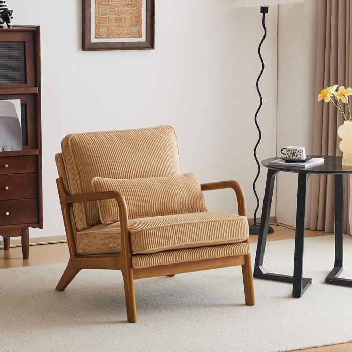 VINGLI Fauteuil de Salon avec Cadre en Bois Fauteuil dAppoint Relaxation Chaise dAttente Velours Côtelé Kaki