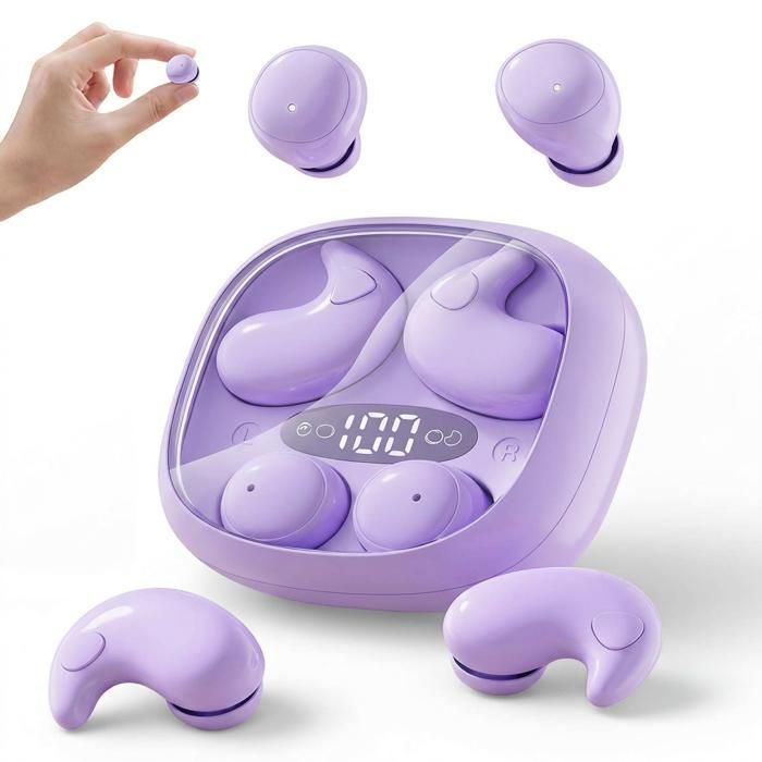 Écouteurs intra-auriculaires discrets pour dormir sur le côté mini-écouteurs 2 en 1 sans fil Bluetooth pour dormir - Violet
