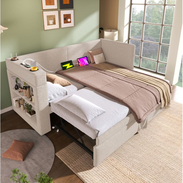 Lit gigogne rembourré 90 x 200 cm beige avec USB USB-C porte-gobelets et rangements sans matelas