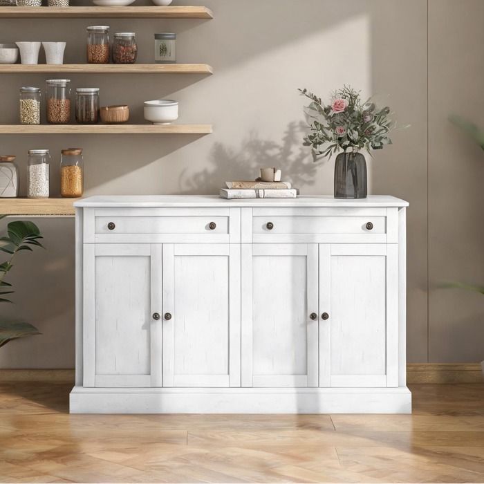 Buffet bas moderne 4 portes 2 tiroirs panneaux de particules finition blanc antique 150x40x86 cm
