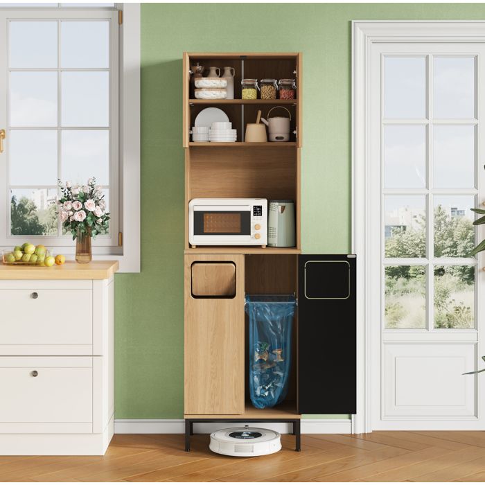 WUVRIE Meuble colonne de cuisine 53 x 35 x 181 cm niche micro-ondes MDF aspect chêne naturel et noir