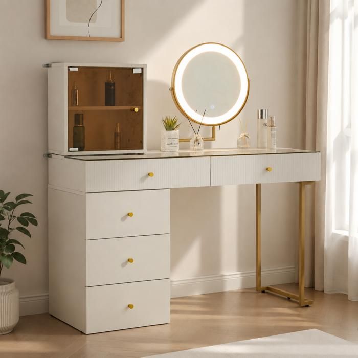 Coiffeuse moderne avec miroir LED - Miroir LED avec 3 couleurs - Plateau en verre trempé - Dimensions 120x45x115 cm