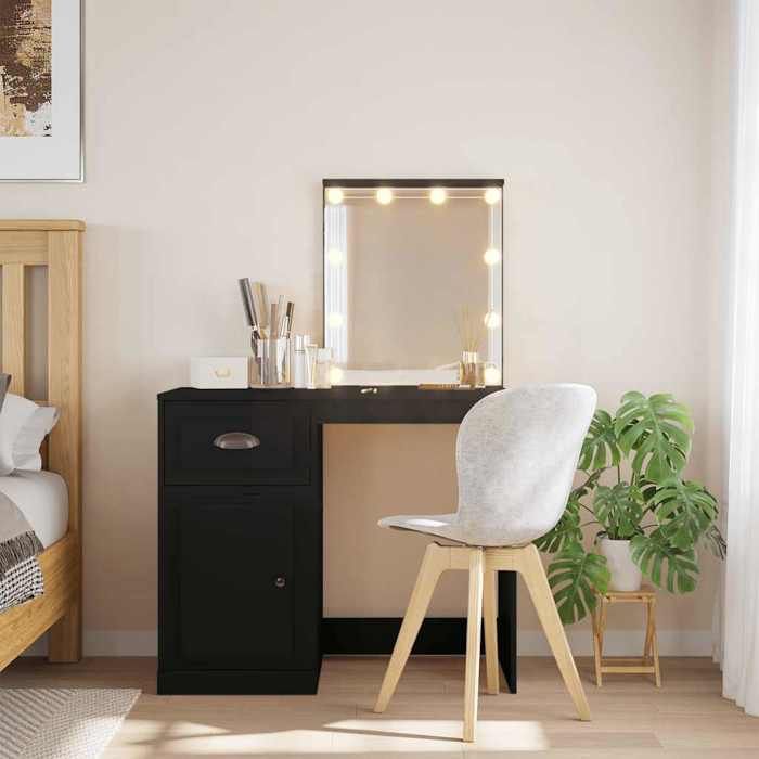 Noir Coiffeuse avec lumières LED noir 90x42x132 5cm - Meuble Rangement LV36004