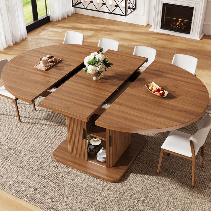 Table à Manger Ovale Extensible - 110-150 cm -avec Rangement Portes Coulissantes Noyer Table à Manger Ovale Extensible - 110-150 cm -avec Rangement Portes Coulissantes Noyer