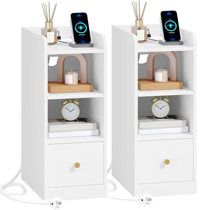 Table de chevet étroite multiprise port USB et Type C intégrés 1 tiroir étagère réglable double couche pour chambre