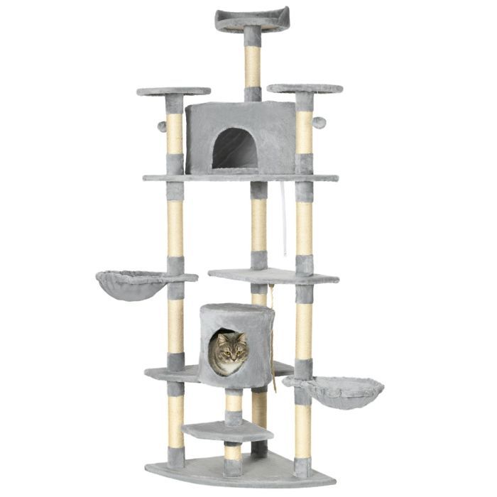 Grand arbre à chat XXL de 200 cm avec niches et hamacs stable pour grands chats gris clair Grand arbre à chat XXL de 200 cm avec niches et hamacs stable pour grands chats gris clair