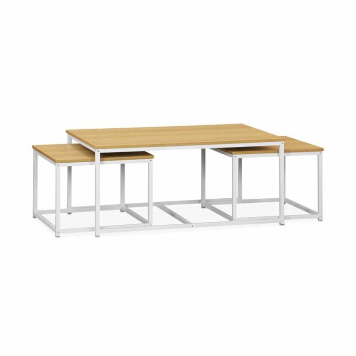 lot de 3 tables gigognes métal blanc mat. décor bois - loft - encastrables. 1x100x60x45cm / 2x50x50x38cm