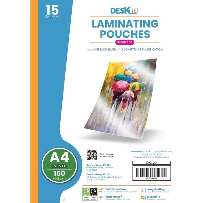 Pochettes De Plastification A4 Deskit - 80 Feuilles, 150 Microns, Finition Brillante - Pour Usage Professionnel Ou Scolaire