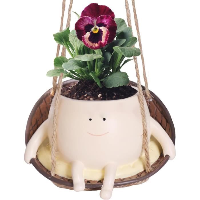 Pot De Fleurs Suspendu Avec Visage Balançoire - En Résine, Design Mignon Souriant | Pour Intérieur Et Extérieur