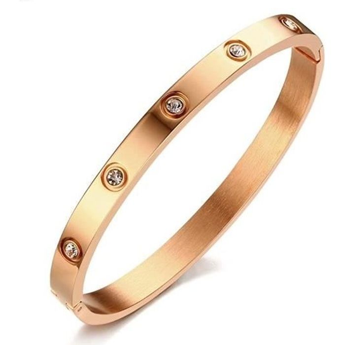 Bracelet jonc fermé femme en acier inoxydable couleur rosé avec strass - Marque - Modèle