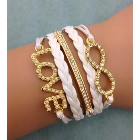 Bracelet - Love - Blanc Strass Or - Lien Infini - Barre Strass