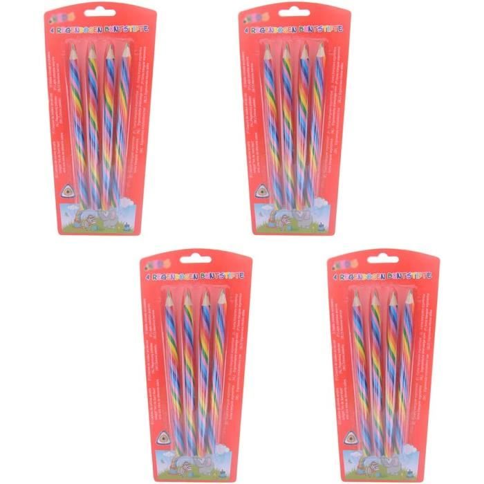 Lot De 16 Crayons Arc-en-ciel 4 En 1 + Gommes - Crayons De Couleur En Bois Pour Dessin - Forme Triangulaire Ergonomique