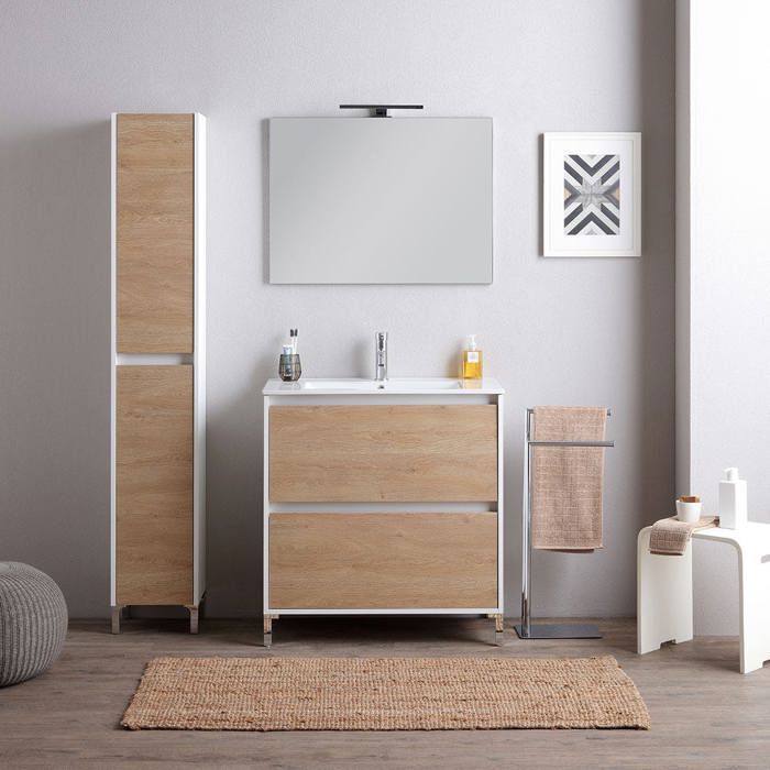 Meuble de salle de bains sur pied avec lavabo de 60 cm blanc et chêne Laguna