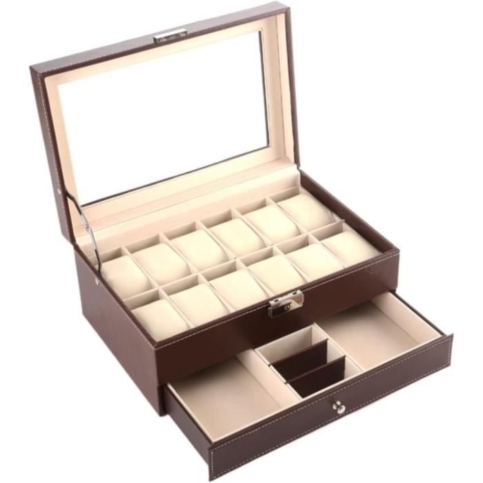 Boîte à Montres Avec 12 Emplacements FLYCCC,Coffret De Rangement Pour Montres Et Bracelets Presentoir A Montres Verrouillable Avec Couvercle En Verre Couins Amovible En Velours