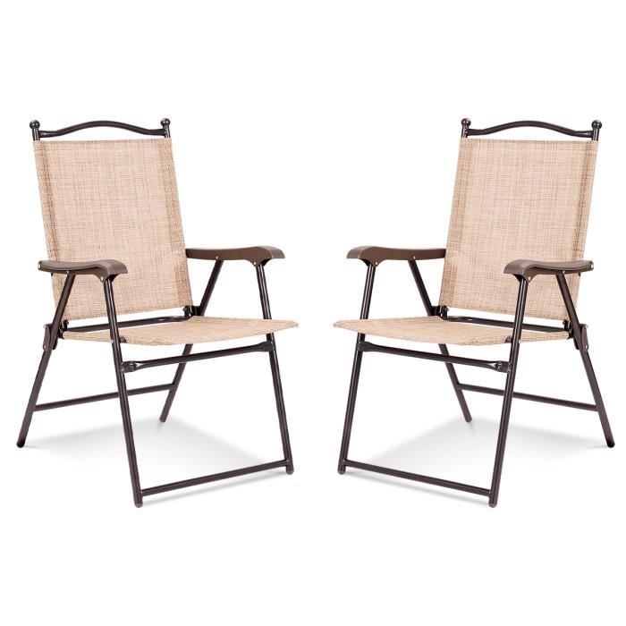 costway lot de 2 chaises de jardin pliantes en textilène & métal, fauteuil jardin avec accoudoirs, dossier pour plage, camping beige