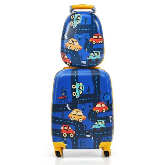 costway ensemble 2 valises pour enfants - sac à dos + trolley avec poignée rétractable thème : voiture bleu