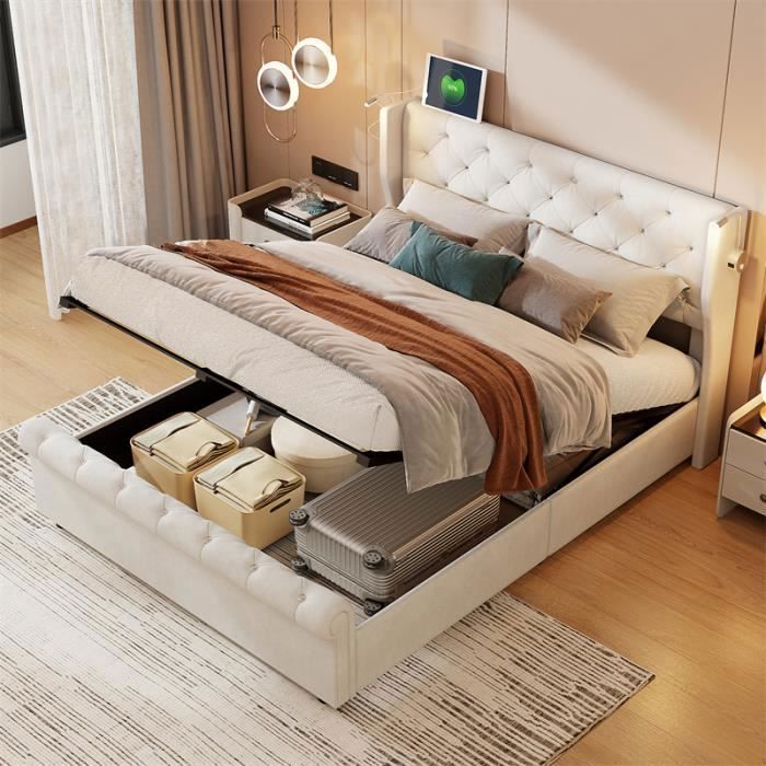 Lit coffre - DREAMMESPACE - 140x190cm - Velours beige - Tête de lit avec lampe USB - Rangement intégré