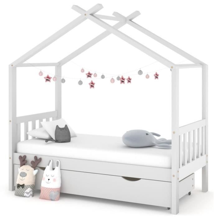 Cadre de lit enfant avec tiroir - FYDUN - Blanc Pin massif - 80x160 cm - Style cabane dans les arbres