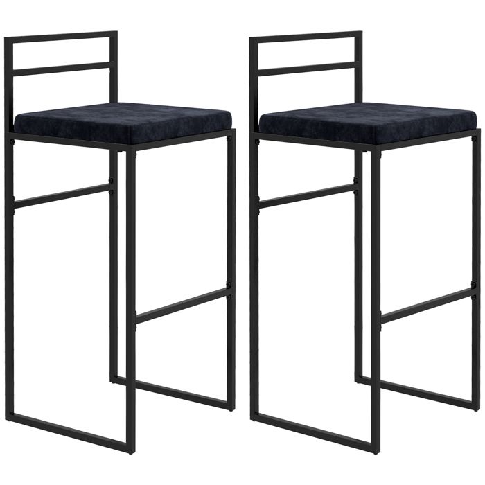 Chaises hautes tabourets de bar - HOMCOM - lot de 2 hauteur 74 cm assise velours repose-pieds moderne - acier - noir