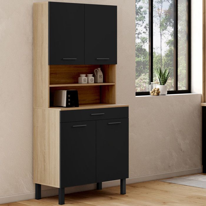 IDMARKET Buffet de cuisine 80 CM CINA 4 portes + tiroir façon hêtre et noir