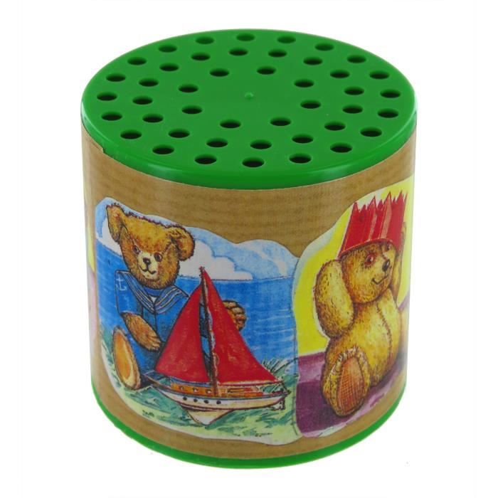 Boîte à meuh ou boîte à vache traditionnelle pour entendre le cri d'une vache avec étiquette de jouets dont des ours en peluche
