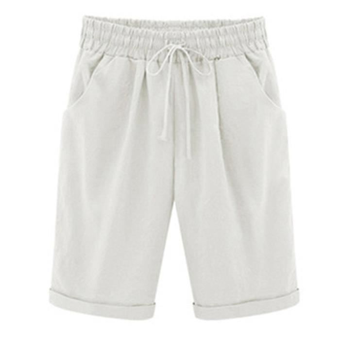Keepink Short Lin Femme Genou - Bermuda Taille Élastique Jambe Large Été Plage