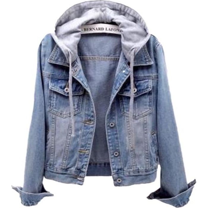 Veste en Jean à Capuche avec Cordon de Serrage avec Poches pour Femmes Veste en Denim Décontractés Veste Jean Mi-Saison Style A