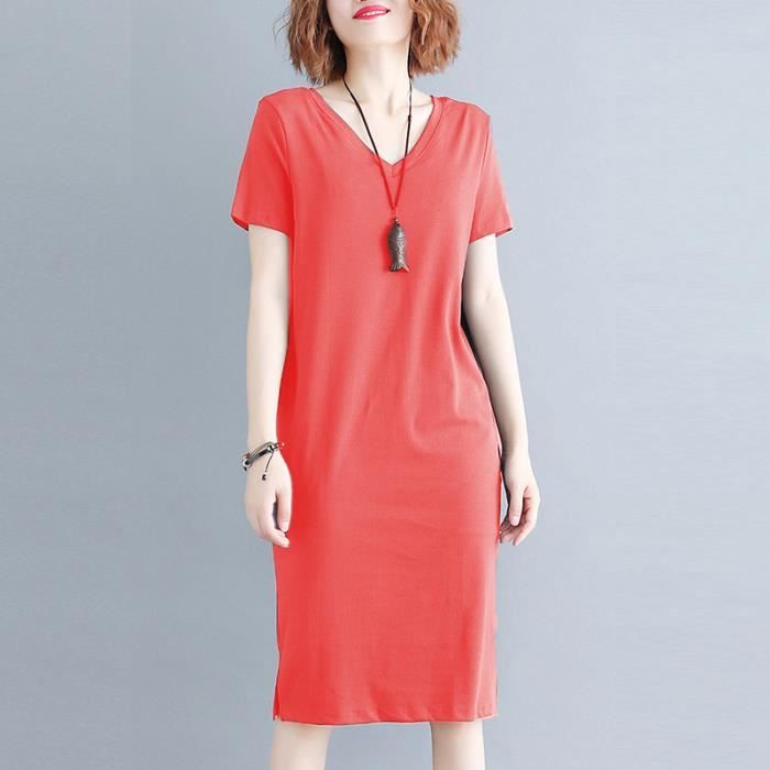 ROBE Femme Grande taille bretelles croisees dos nu col en V respirant nouveau - Rouge Rouge 