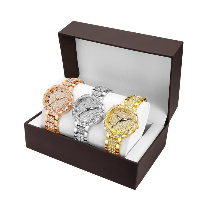 Trois Montres Femmes de Marque de Luxe Diamant Chiffres Romains Diamant Coffret Cadeau Montre Femme de 3 Montres