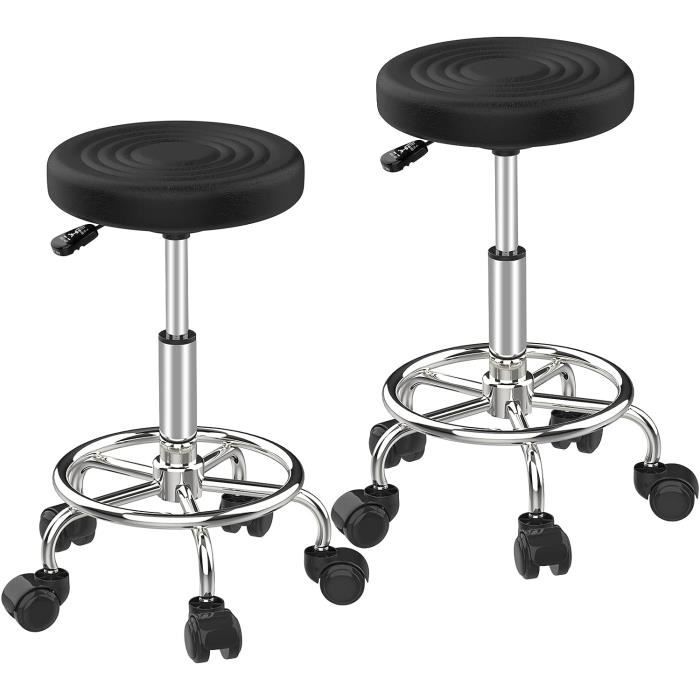 Rcynview Lot De 2 Tabourets à Roulettes Réglables En Hauteur 70 à 85 Cm - Dossier Pivotant à 360° - Avec Roulettes - Noir - Pour Bar, Bureau, Maquillage, Atelier, Coiffeur