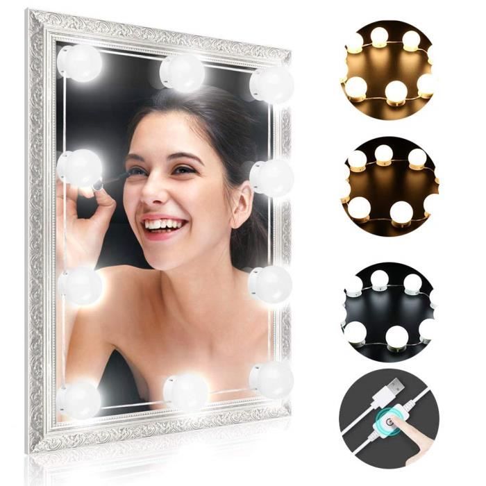 câble USB pour miroir avec 3 modes de couleur et 10 luminosités réglables miroir et chargeur USB non inclus Lampes de miroir de courtoisie LED style Hollywood avec 10 ampoules à intensité variable 