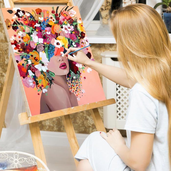 FURONGHUAK Peinture Par Numéros – Fille à Fleurs, Toile 40×50 Cm, Kit Acrylique Complet Sans Cadre, Pour Adultes Et Débutants