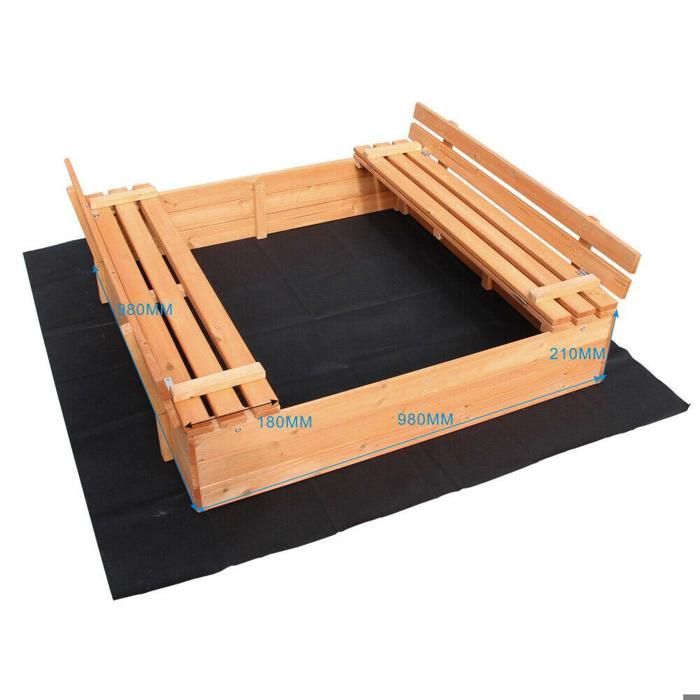 Wiltec Bac à Sable En Bois D'épicéa - 98 X 98 X 21 Cm, Avec Couvercle Rabattable, 2 Bancs Intégrés, Sol Non-tissé - Jeux Extérieur Enfants