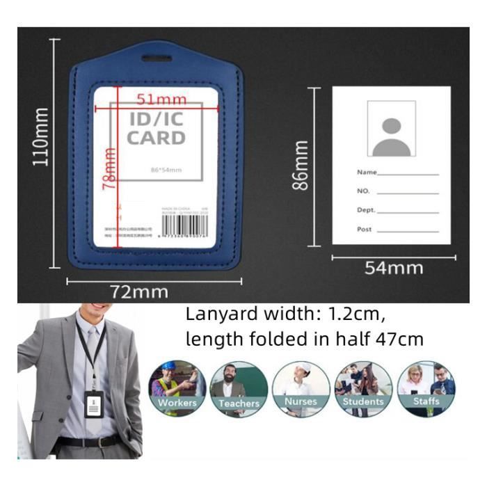 Porte Badge,porte-cartes de travail vertical double face,étiquette de nom  en cuir,avec cordon,Protege Carte Tour de cou,pour Bureau