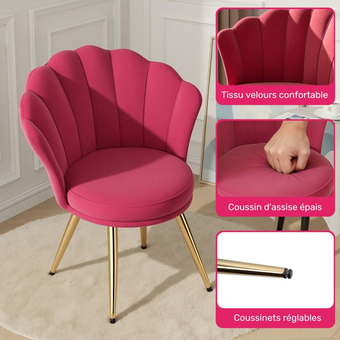 Ya-Home Fauteuil De Salon Rembourré En Tissu Avec Pieds Métal Doré - Chaise Coiffeuse Confortable Rose, Design Élégant Pour Chambre Et Bureau