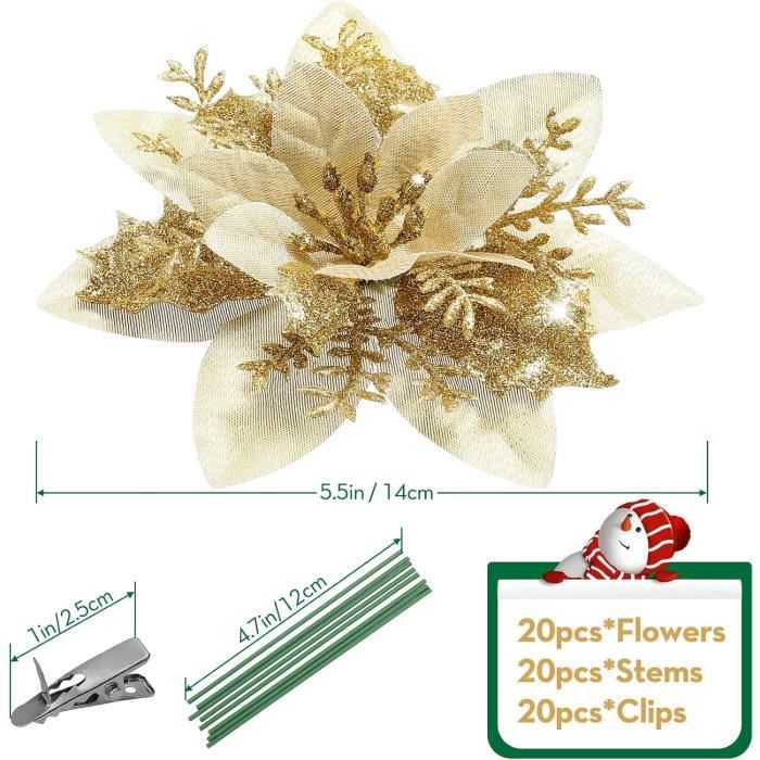 20 Fleurs De Poinsettia Étincelantes Pour Sapin De Noël - Décoration Fêtes Avec Clips Et Tiges - Rouge Et Or