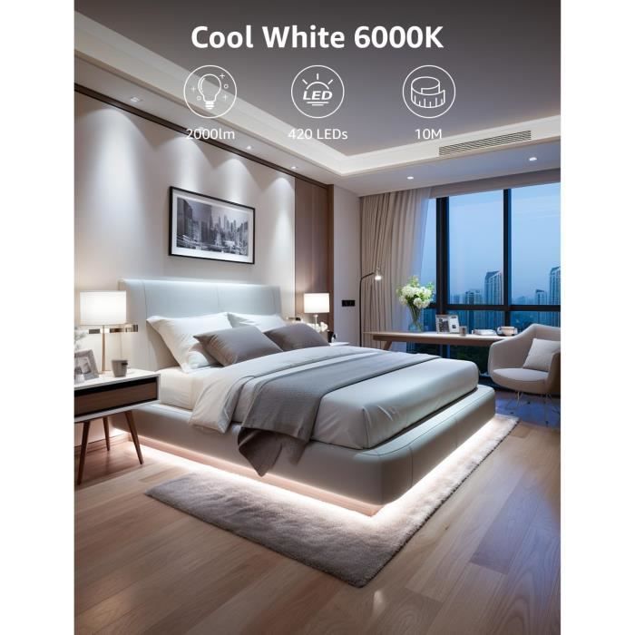 Kit Ruban LED 220v 10M blanc froid 6000K étanche IP65 avec fixations  fournies, intérieur et extérieur - Digilamp