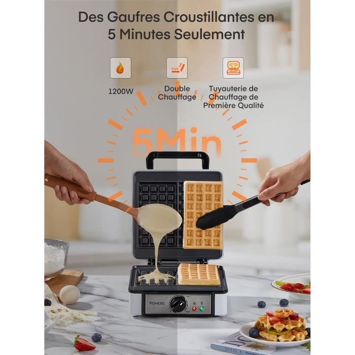 Gaufrier Plaques Anti-adhésives Destockage Noël : FOHERE Gaufrier Belge 1200W,Contrôle De Température à 5 Vitesses,Appar... Pas Cher Gaufrier Familial Rapide Facile Nettoyage