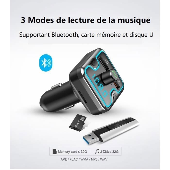 Transmetteur FM Bluetooth 5.3, Transmetteur Adaptateur Bluetooth Pour Voiture, Kit MP3 Sans Fil à Charge Rapide QC3.0, 2 Ports USB Et 1 Port Type-C, Appels Mains Libres, Support USB/Carte TF