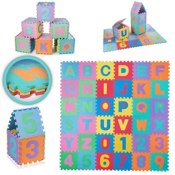 Relaxdays Tapis éducatif avec alphabet et chiffres, 60 parties, pour enfant,  LxP : 172 x 172 cm, mousse, blanc/gris