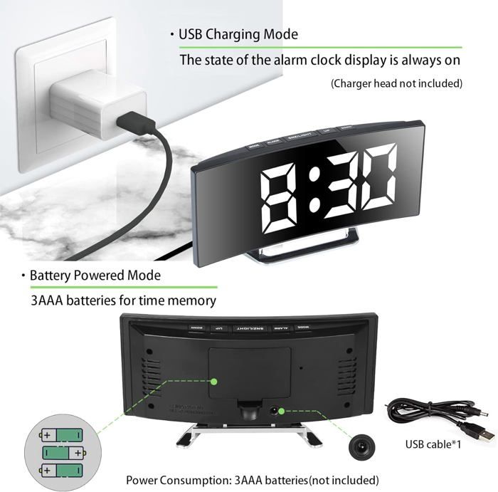 Réveil Matin Numérique Miroir, LED, Horlogue Digitale, Chevet, 2