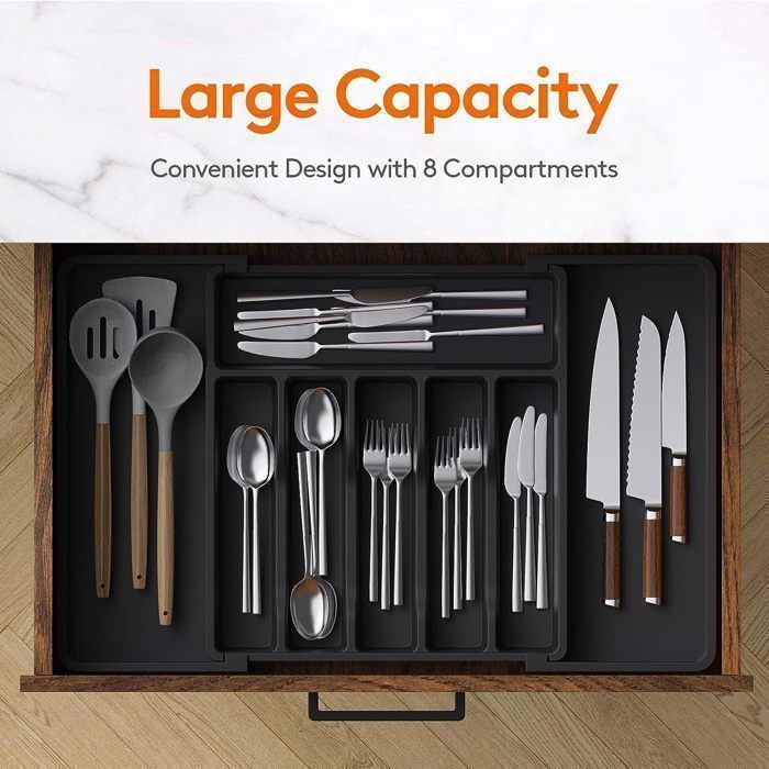 Range Couverts Extensible ZHUIYIWIN - 7 Compartiments - Pour Tiroir Cuisine - Noir