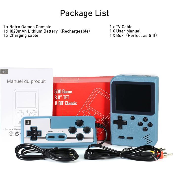 RisingFF Console de jeux portable avec 500 jeux classiques, écran couleur 3, connexion TV, deux joueurs, 1020 mAh (gris) - Jeux vidéo