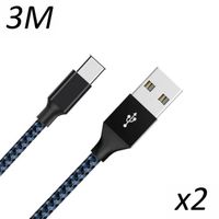 [2 pack] Câble Nylon Tressé Bleu Type USB-C 3M pour Samsung galaxy A50 - A51 - A52 - A52s - A70 - A71 - A72 - A80 [Toproduits®]