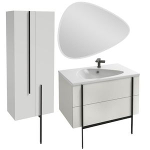 MEUBLE VASQUE - PLAN Meuble lavabo simple vasque 80 cm JACOB DELAFON Nouvelle Vague blanc brillant + colonne de salle de bain 2 portes + miroir + pied