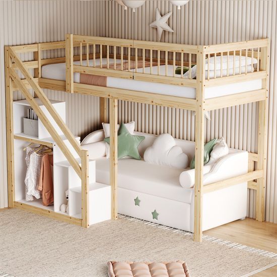 Lit Mezzanine Enfant 90x200 Avec échelle Rangement Et Tableau Noir - Lit Cabane Sécurisé Blanc Et Naturel