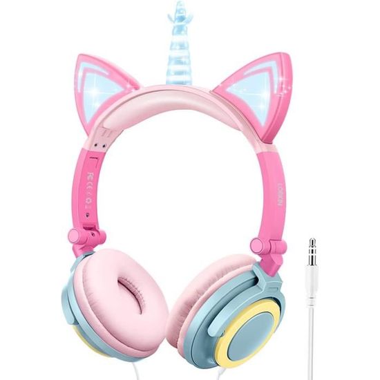 Casque Licorne Bluetooth Pour Enfants - Oreilles LED Clignotantes, Limité à 93 DB, Pliable, 3-20 Ans