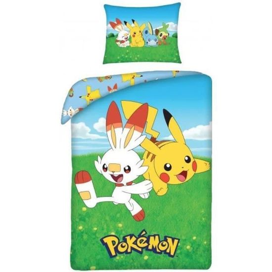 Parure De Lit Pokémon Enfant - Motif Pikachu Et Starters - Housse Réversible 140x200 Cm + Taie - Microfibre Douce Oeko-TEX