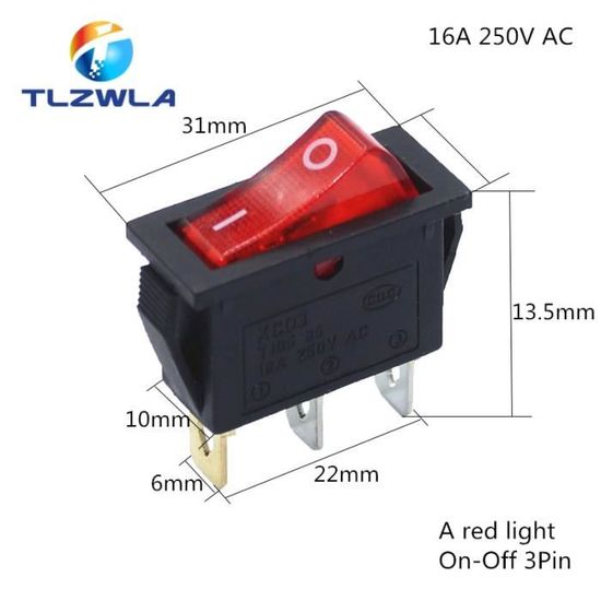 Lot De 10 Interrupteurs à Bascule KCD3-3P Lumineux Rouge – 3 Broches SPST ON/OFF 16A/250V 20A/125V